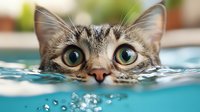 Curious cat swimming in blue water with only eyes and nose visible above surface, creating playful and humorous moment for pet photography and social media content.