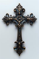 Ornate bronze cross with baroque scrollwork and fleur-de-lis details isolated on white background for religious design projects and spiritual artwork.