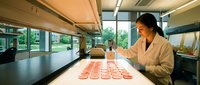 Female scientist in white lab coat examining pink liquid samples in test tubes at modern laboratory workstation with natural lighting from windows.