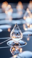 Crystal teardrop shape with glowing light reflections on dark surface, creating magical bokeh effect and mirror-like reflections in minimalist composition.