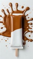 Chocolate ice cream bar with wooden stick against splashing melted chocolate background on white surface. Creative food photography for advertising.