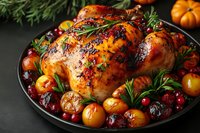 Roasted turkey with cranberries, small pumpkins and rosemary sprigs on black plate. Golden brown crispy skin garnished with fresh herbs and seasonal fruits.