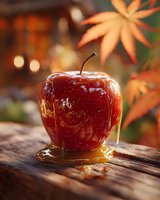 Glossy red candy apple with dripping caramel on rustic wooden surface against autumn maple leaves background.