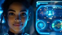 Young African American woman smiling while working with futuristic holographic interface display in dark room illuminated by blue neon technology lights.