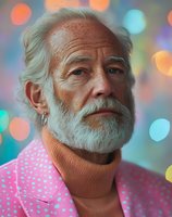 Senior man with white beard and gray hair wearing pink polka dot jacket and turtleneck against colorful bokeh background. Suitable for lifestyle, fashion, and diversity concepts.