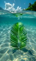 Split view underwater photo of palm leaf on sandy ocean floor with sunlight streaming through turquoise water and fluffy clouds visible above surface.