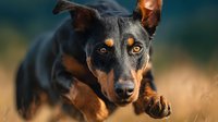 Adorable black and tan puppy running outdoors with floppy ears and bright amber eyes during golden hour sunset light creating warm bokeh background.
