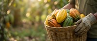 Autumn harvest basket filled with colorful pumpkins and gourds held by farmer in warm sunlight for seasonal decoration and thanksgiving celebrations.