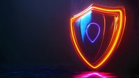 Glowing neon shield symbol with orange and blue light effects on dark background, security and protection concept for cybersecurity designs and presentations.