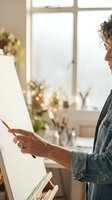 Young mixed-race woman artist painting on canvas easel in bright studio workspace with natural light from windows and plants in background for creative hobby.