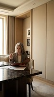 Professional mature Caucasian businesswoman reading documents at luxury office desk in modern corporate interior with warm lighting and elegant decor.