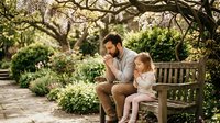 Father and daughter sitting together on wooden bench in blooming spring garden sharing tender moment during family time outdoors.