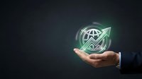 Business hand presenting glowing global growth icon with upward arrow symbolizing worldwide expansion and international success on dark background.