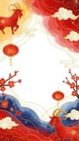 Chinese New Year background with red oxen, lanterns, plum blossoms and traditional clouds in gold and red colors for festive greeting cards and decorations.