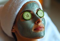 Young woman relaxing at spa with green clay facial mask and fresh cucumber slices on eyes, wearing white towel on head during skincare treatment.