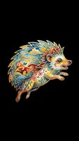 Ornate hedgehog with intricate patterned quills in gold, blue, and red tones, isolated on transparent background. Ready for t-shirts, stickers, clipart, and print-on-demand designs.