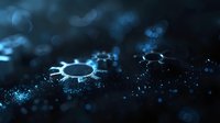 Glowing blue virus cell structure on dark background with bokeh light effects and particles, scientific molecular visualization for medical research and education.