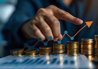 Financial growth concept showing stacked coins with upward trending graph and hand pointing to rising market performance, perfect for business and investment presentations.