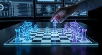 Businessman playing futuristic holographic chess with glowing neon pieces on digital board in high-tech control room environment for strategic planning concepts.