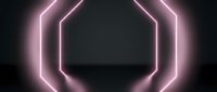 Glowing pink neon octagon frame on dark background with floor reflection, futuristic light tunnel for gaming, music, or tech design.