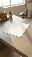 Clean modern office desk with blank white paper sheet, succulent plant, wooden organizer and computer mouse in bright natural sunlight for business workspace.