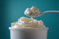 Creamy whipped butter on white plastic spoon above container with soft spread against turquoise background, macro food photography for dairy product marketing.