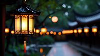 Traditional Asian lantern glowing at dusk with blurred temple pathway and string lights creating atmospheric oriental garden ambiance.