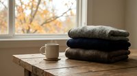 Stacked cozy sweaters and warm mug on wooden table by window with autumn foliage view, perfect for fall lifestyle and home decor projects.
