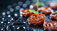 Caramelized cherry tomatoes with drizzling honey or maple syrup stream, fresh basil leaves on dark background with water drops and bokeh effect.