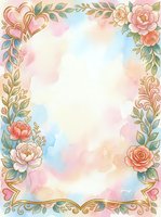 Watercolor floral frame with roses, peonies, and ornamental leaves in soft pink, coral, and gold tones on white background. Isolated design element suitable for invitations, greeting cards, and wedding stationery projects.