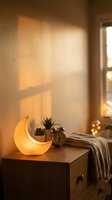Warm golden sunlight streaming through window onto wooden nightstand with glowing crescent moon lamp, succulents and cozy blanket creating peaceful bedroom atmosphere.
