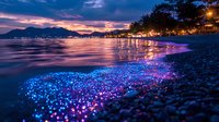 Bioluminescent plankton glowing on tropical beach at sunset, illuminating shoreline with magical blue light against purple sky and mountain silhouettes.