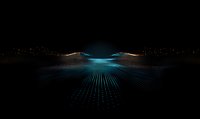 Futuristic digital landscape with glowing blue light rays emerging from dark horizon, creating geometric grid pattern against black background.
