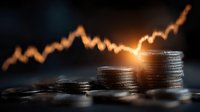 Rising coin stacks with glowing upward trending chart arrow symbolizing financial growth, investment success, and market prosperity for business concepts.