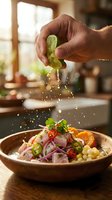 Hand squeezing fresh lime juice over vibrant ceviche bowl with raw fish, red onion, corn, and chili peppers in warm kitchen setting. Perfect for food blogs, recipes, and culinary content.