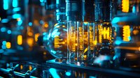 Laboratory test tubes with glowing yellow liquid against blue background, scientific research equipment in modern facility showing chemical analysis process.