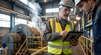 Senior industrial engineer in safety vest and hard hat consulting with colleague using tablet in manufacturing facility with steam and machinery.