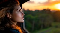 Young Caucasian woman with flowing hair gazing at sunset, side profile portrait showing peaceful expression against orange sky and natural landscape background.