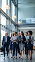 Diverse group of professional businesswomen walking together in modern corporate office building lobby discussing strategy and collaboration.