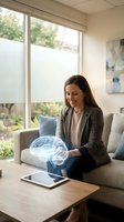 Professional businesswoman using holographic brain interface technology on tablet in modern living room for artificial intelligence applications.