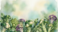 Watercolor illustration of fresh organic vegetables including artichokes, cauliflower and broccoli with purple accents. Suitable for culinary designs, recipe blogs, healthy eating campaigns and food packaging.