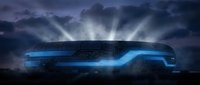 Futuristic electric bus with glowing blue accents against dramatic stormy sky with sunbeams breaking through dark clouds for sustainable transportation concepts.
