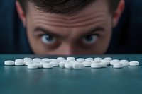 Intense blue eyes of Caucasian man staring at scattered white pills on turquoise surface, dramatic lighting emphasizes addiction and substance abuse concept.