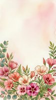 Watercolor floral border with pink and coral blooms, green leaves, and soft pastel background, perfect for cards and invitations.