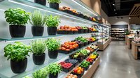 Modern grocery store produce section with fresh herbs in black pots and colorful vegetables displayed on wooden shelves in contemporary supermarket interior.