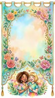 Whimsical floral frame with two young girls, one with curly brown hair and one with blonde hair, embracing at bottom. Watercolor roses, peonies, daisies, and foliage border design with gold ornamental details, hearts, stars, and decorative tassels. Pastel gradient background in soft blues, pinks, and yellows. Isolated on white background, ready for children's book illustrations, greeting cards, posters, and nursery decor.