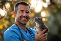 Happy middle-aged Caucasian male veterinarian in blue scrubs holding small gray rat outdoors with warm sunlight and natural bokeh background.