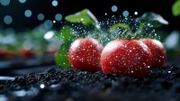 Fresh red tomatoes on dark soil with water drops and sparkling effect, dramatic lighting against blurred background creates magical garden atmosphere.