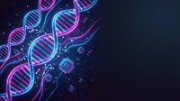 Futuristic DNA double helix structure with glowing neon pink and blue colors merging with digital circuit board elements on dark background for biotechnology concepts.