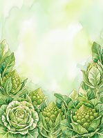 Watercolor illustration of fresh green vegetables including cabbage and cauliflower arranged on soft yellow-green background with copy space for design projects.